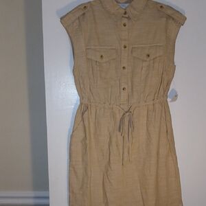 Sleeveless Button-Up Tan Dress